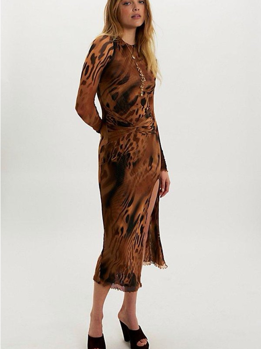 Free People Brown Animal-Print Long-Sleeve Twist Midi Dress